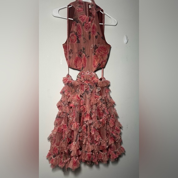 Mac Duggal Barbie Pink Floral Ruffled Cutout Dainty Halter Mini Dress Size 6 - Picture 8 of 16